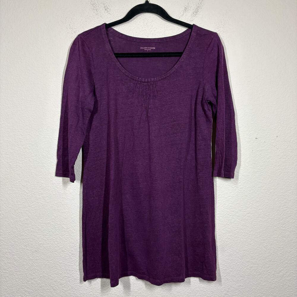 Eileen Fisher Womens Size Small Linen Tunic Top Purple Scoop Neck 3/4 Sleeves